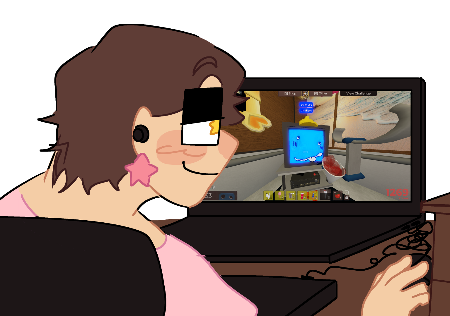 alana playing regretevator on his laptop. in game, she is throwing petals at scag.